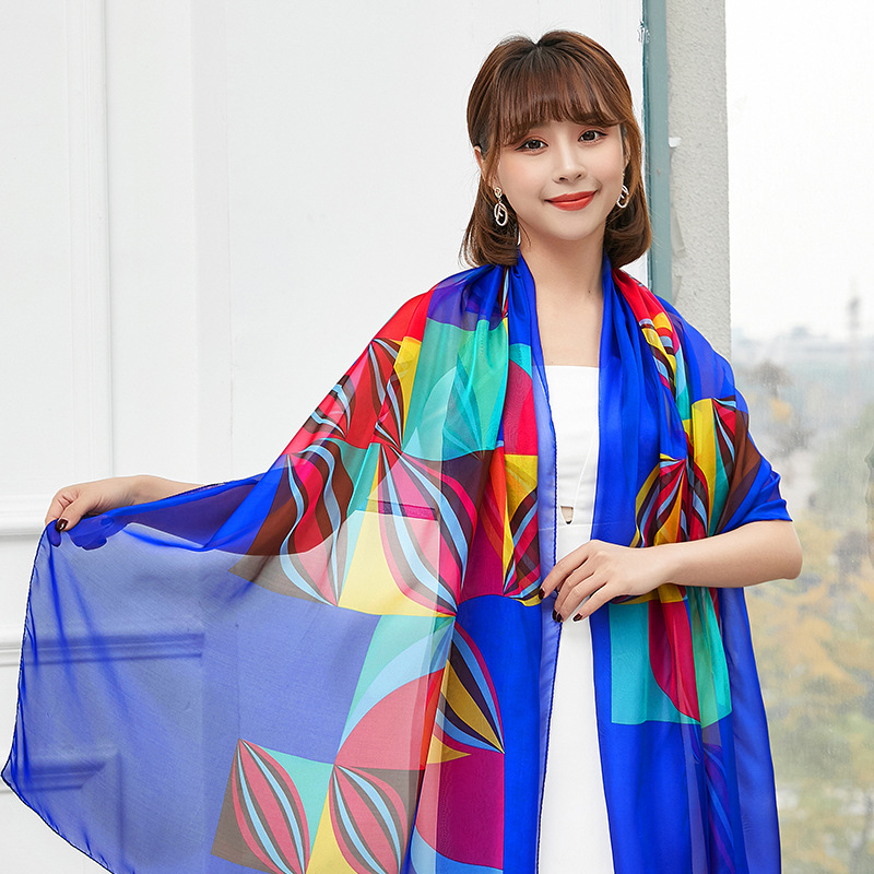 K832 Silk scarf printed chiffon beach sun protection shawl large size simulation neck scarf seaside sunshade scarf ribbon