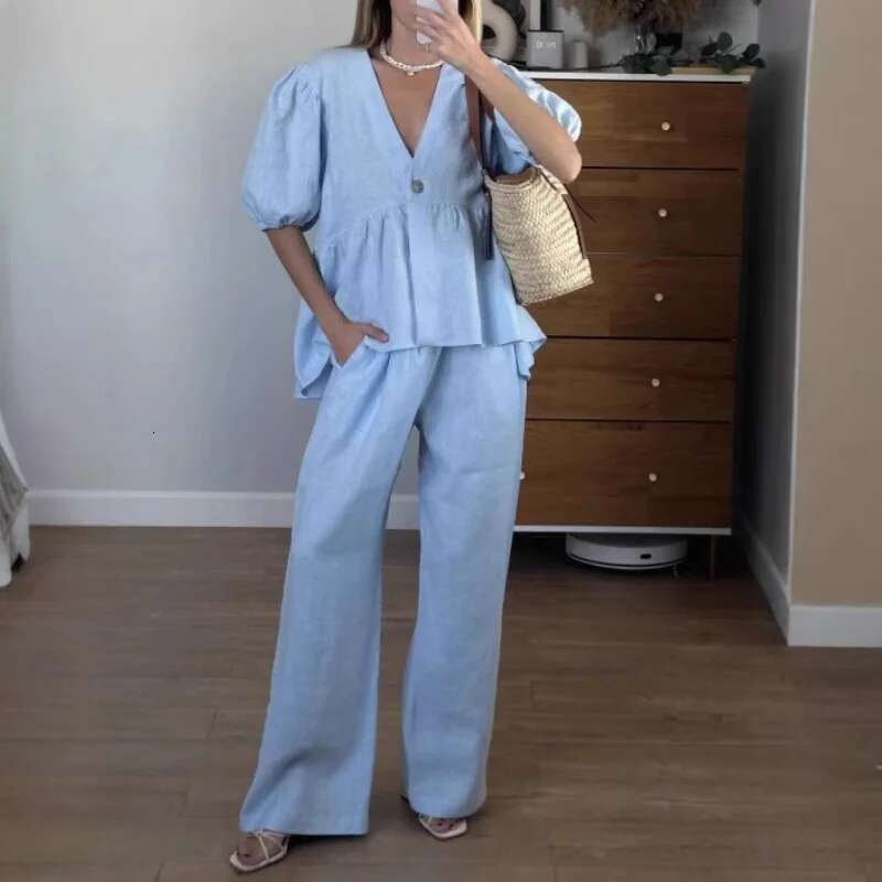 Elegant Solid New 2 Piece Sets Fashion Women Sexy V-Neck Short Sleeve Button Vests Tops Wide Leg Pants Suit Casual Streetwear