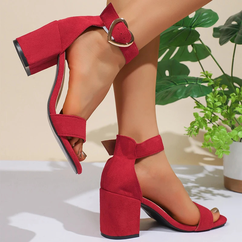 Fashion Red High Heels Dress Sandals for Women Summer Square Toe Thick Heeled Woman Heart Buckle Ankle Strap Party Shoes 250526BJ - view 4