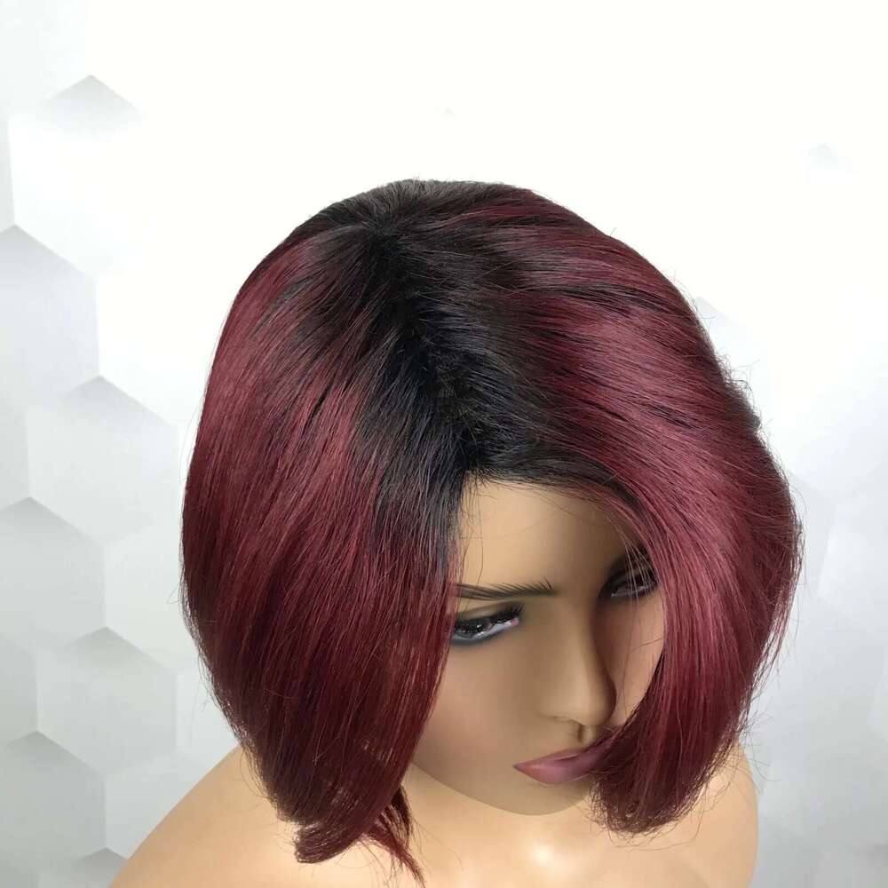 99J Pixie Cut Short Bob Human Hair For Women Full hine Made Wine Red Wigs With Bangs Christmas Party
