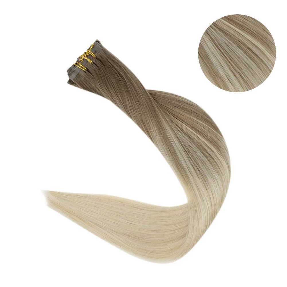 Full Shine Seamless Invisible Clip In Extensions Human Hair 8 Pcs 120g Remy Balayage Blonde Color S25526