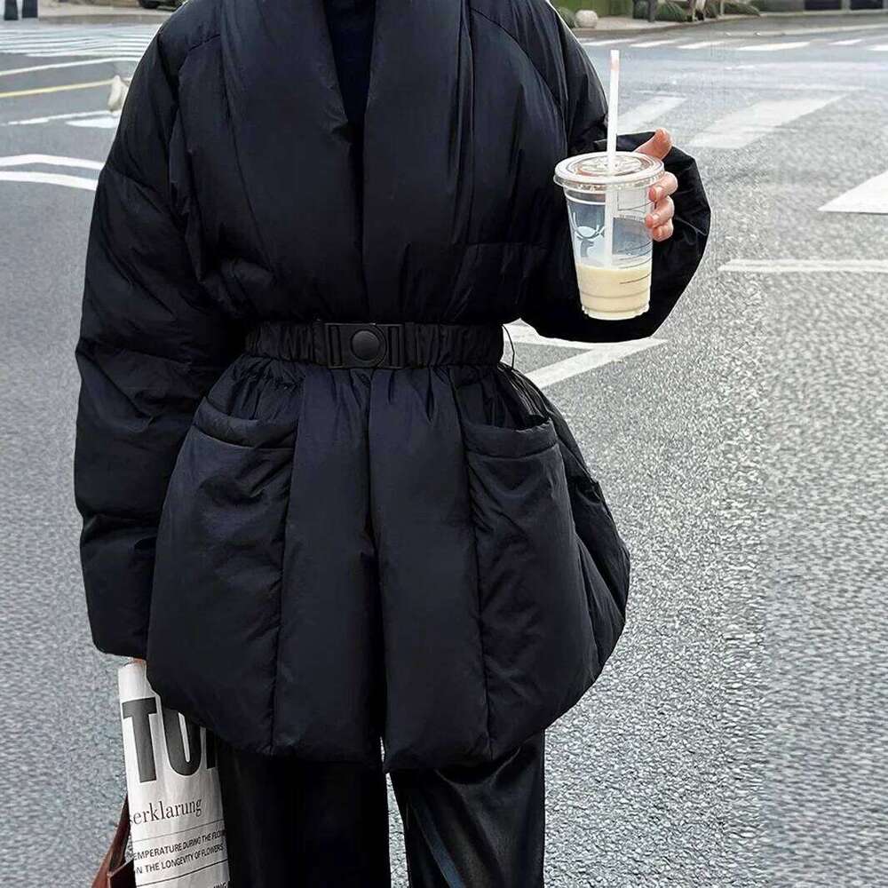 Korean Style Thickened Winter Jacket Women's V-Neck Puffy Cotton Coat Mid-Length Waist-Cinched Slimming Fashionable Outerwear