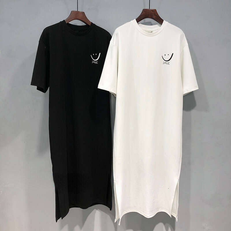 Tight Cut Out Dresses Summer New Versatile Loose Short Sleeve Korean Style Printed Split Mid Length Dress T Shirt For Women Trendy Sexy Dress