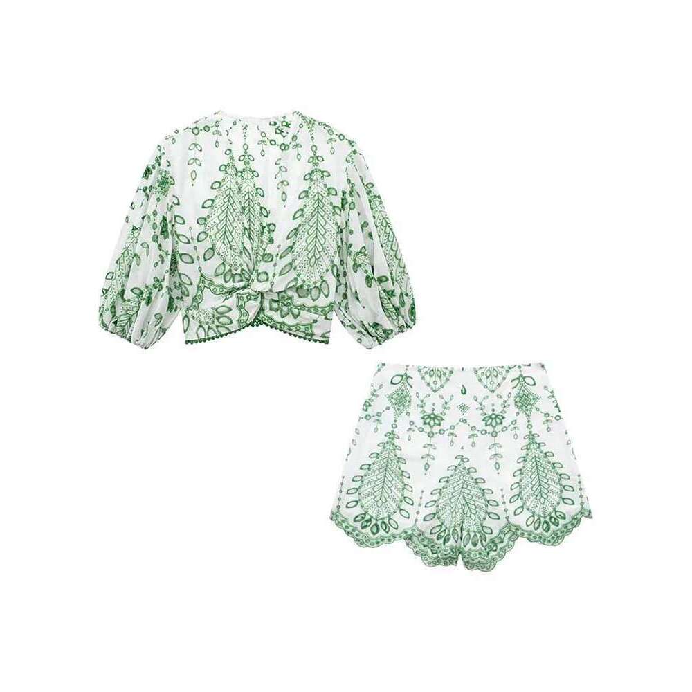 Woman 2 Pieces Sets 2024 New Fashion Embroidery Short Blouse Summer Women Suit Shorts Two Piece Set Womens Outfits