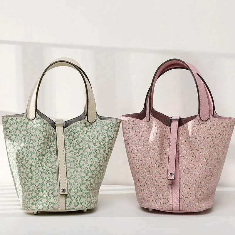 Head layer cowhide flower bucket genuine leather printed women s handbag vegetable basket bag