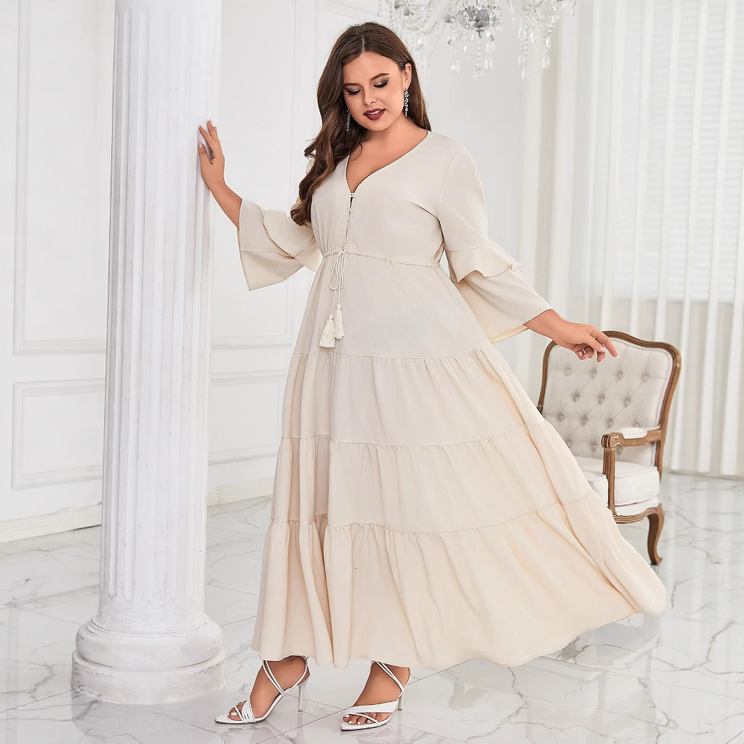 2025 Spring/Summer New Womens Fashion Casual Solid Color Big Swing V-neck Skirt