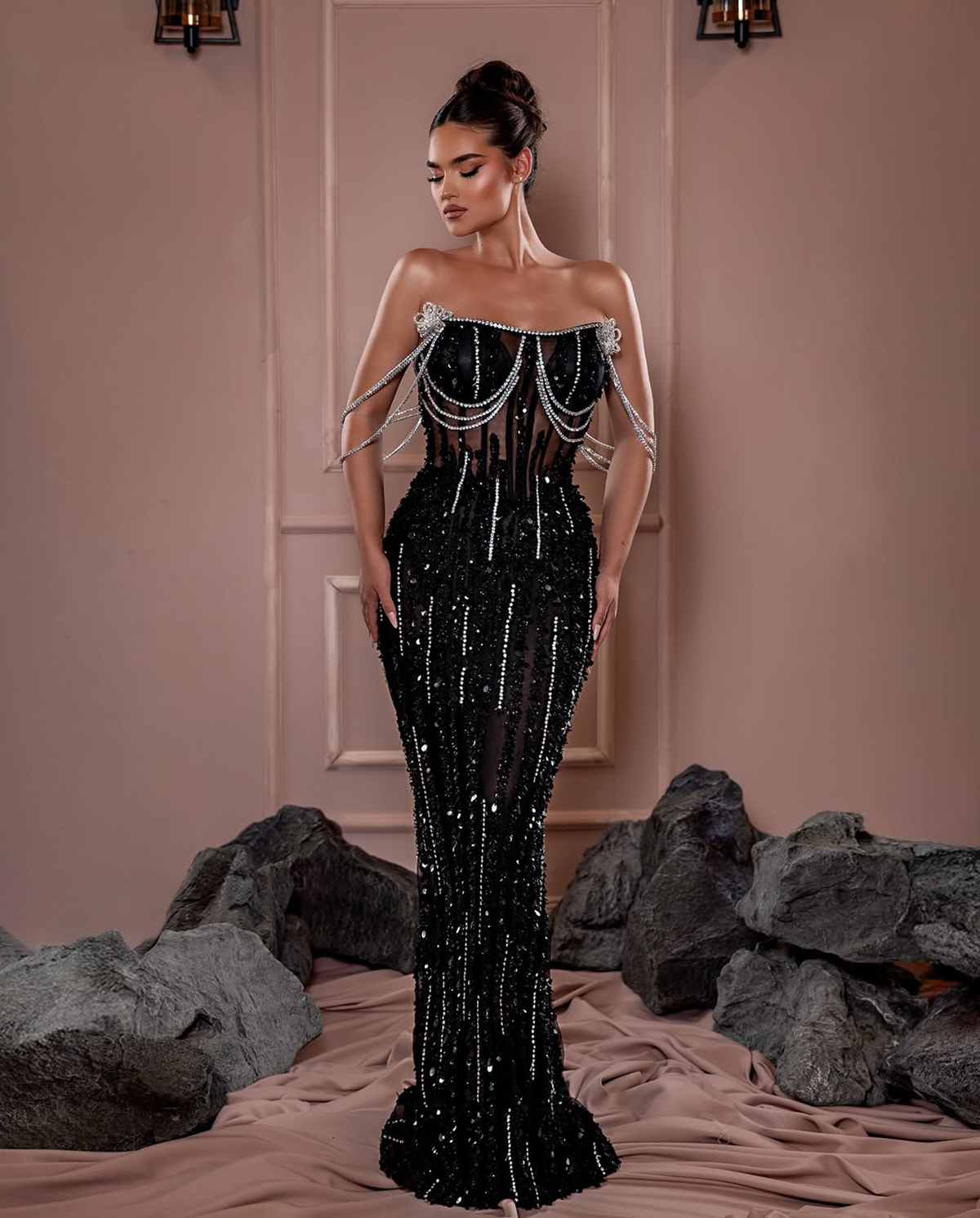 Stylish Evening Dresses Sequins Off Shoulder Prom Dress Rhinestone Beading Tassel Illusion Mermaid Party Gowns Vestidos De Noche Plus Size