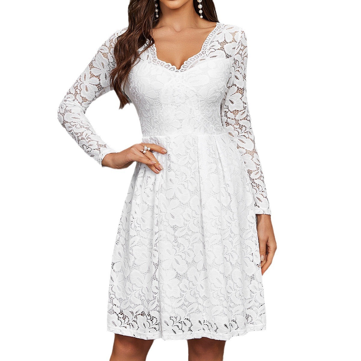 QQH dress V-neck long sleeved back to school lace short skirt party