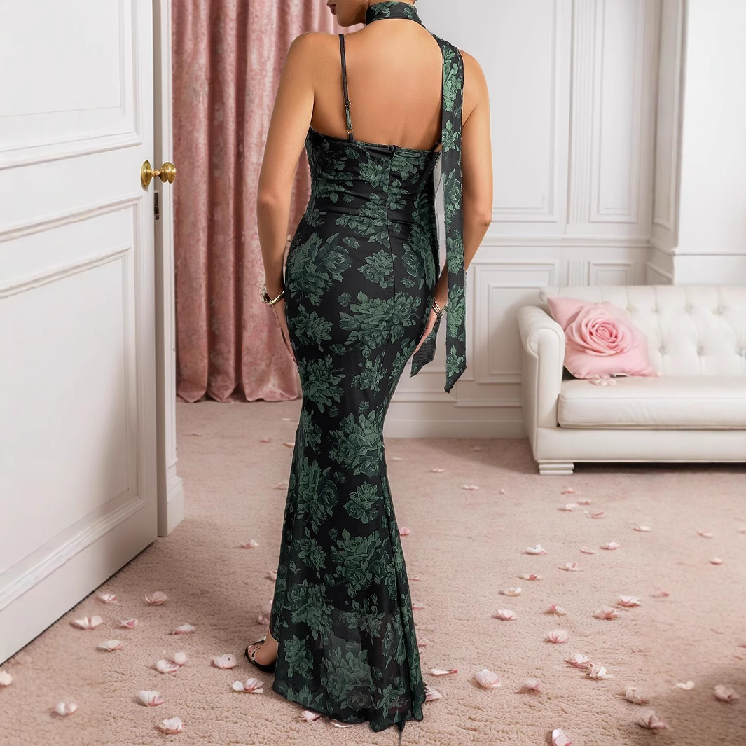 Summer 2025 new French style spicy girl slim fit dress with printed suspender skirt for women