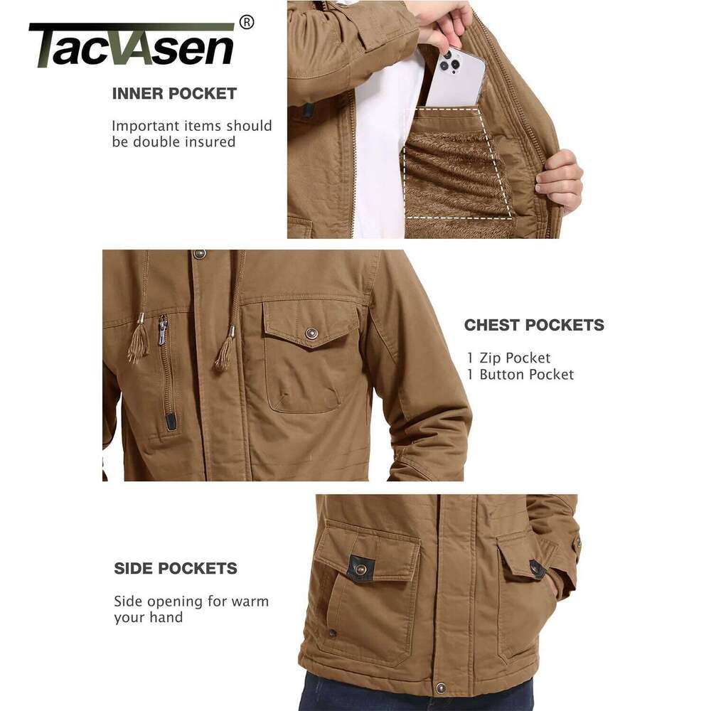 TACVASEN Winter Fleece Cargo Jackets Mens Thermal Lined Warm Work Jacket Removable Hood Windproof Coats WIndbreaker Parka Man