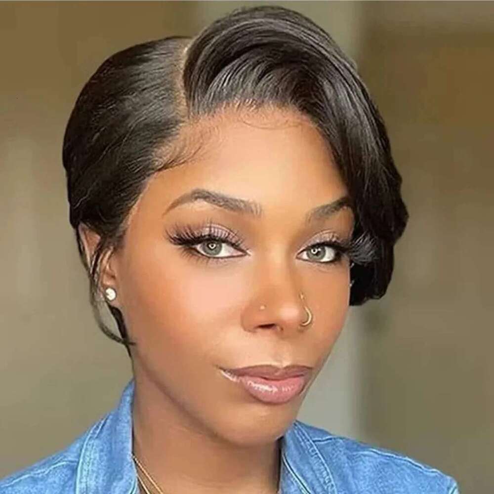 Highlight Color 13x4 Frontal WIgs Lace Pixie Cut Human Hair Short Bob Wig Orange for Black Wome