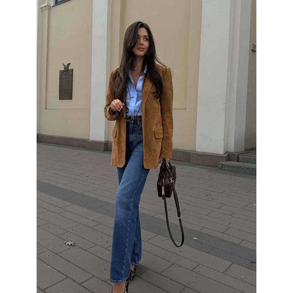 Vintage Suede Blazer Jacket Women Loose Lapel Long Sleeve Single Breasted Jackets 2025 Spring Lady Fashion High Street Coats New