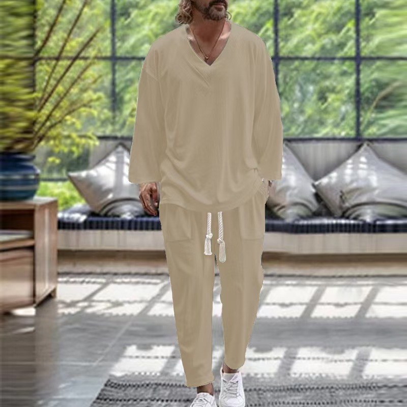 tracksui ment V neck shirt casual loose long sleeved long pants beach suit two piece set
