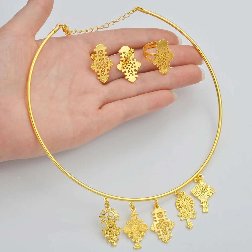 Ethiopian Eritrea Ethnic Jewelry Sets With Cross Chokers Earrings Rings For Women Girls Africa Wedding Party Gifts #340006