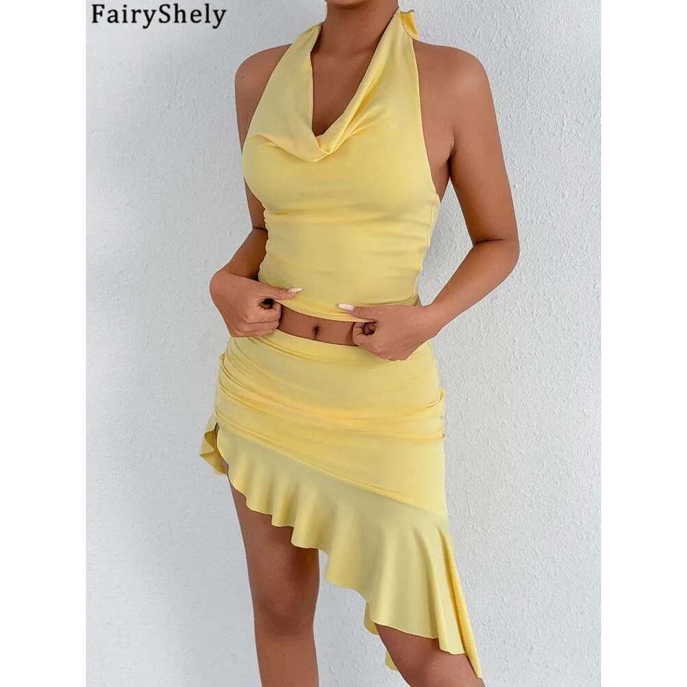 Fairyshely Sexy Solid 2 Piece Mini Set 2025 Halter Top Summer High Waist Skirts Suits Bodycon Women Party Tight Dress Suit