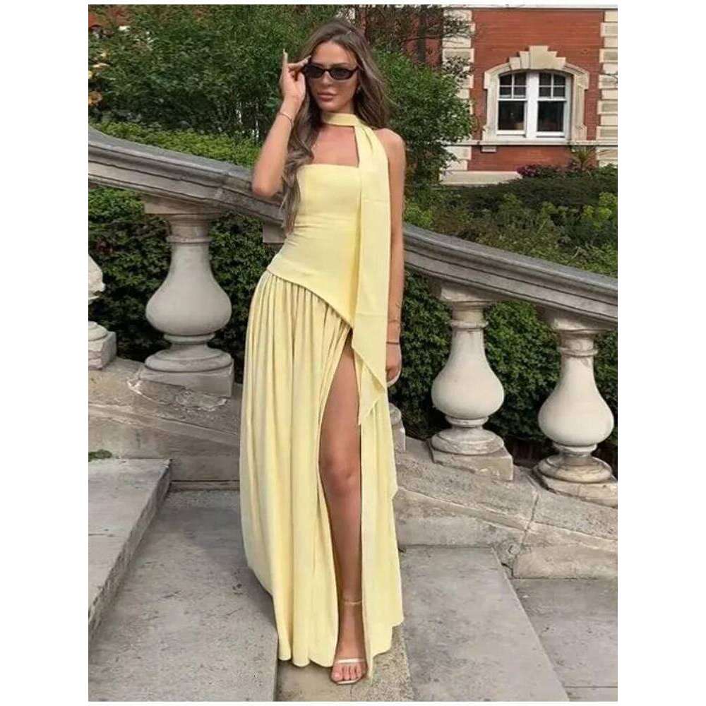 Butter Yellow Pleated Scarf Collar Long Dress Women Tie Back Spliced Backless Split Party Dresses 2025 Summer Asymmetric Robes