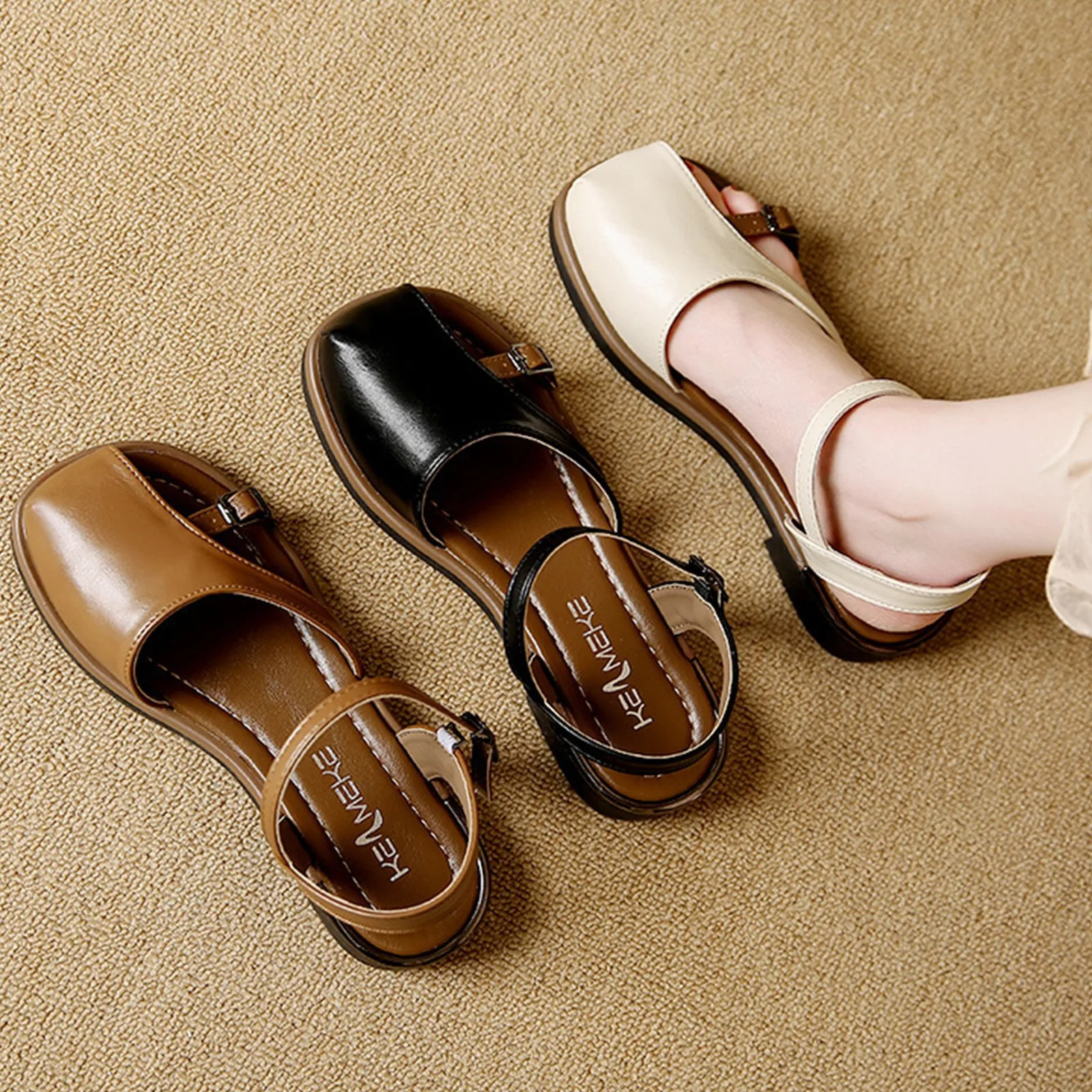 Womens summer sandals Fashion Baotou Sandals Hollowed Out flat Patent leather laceup Female Casual Shoes 250526