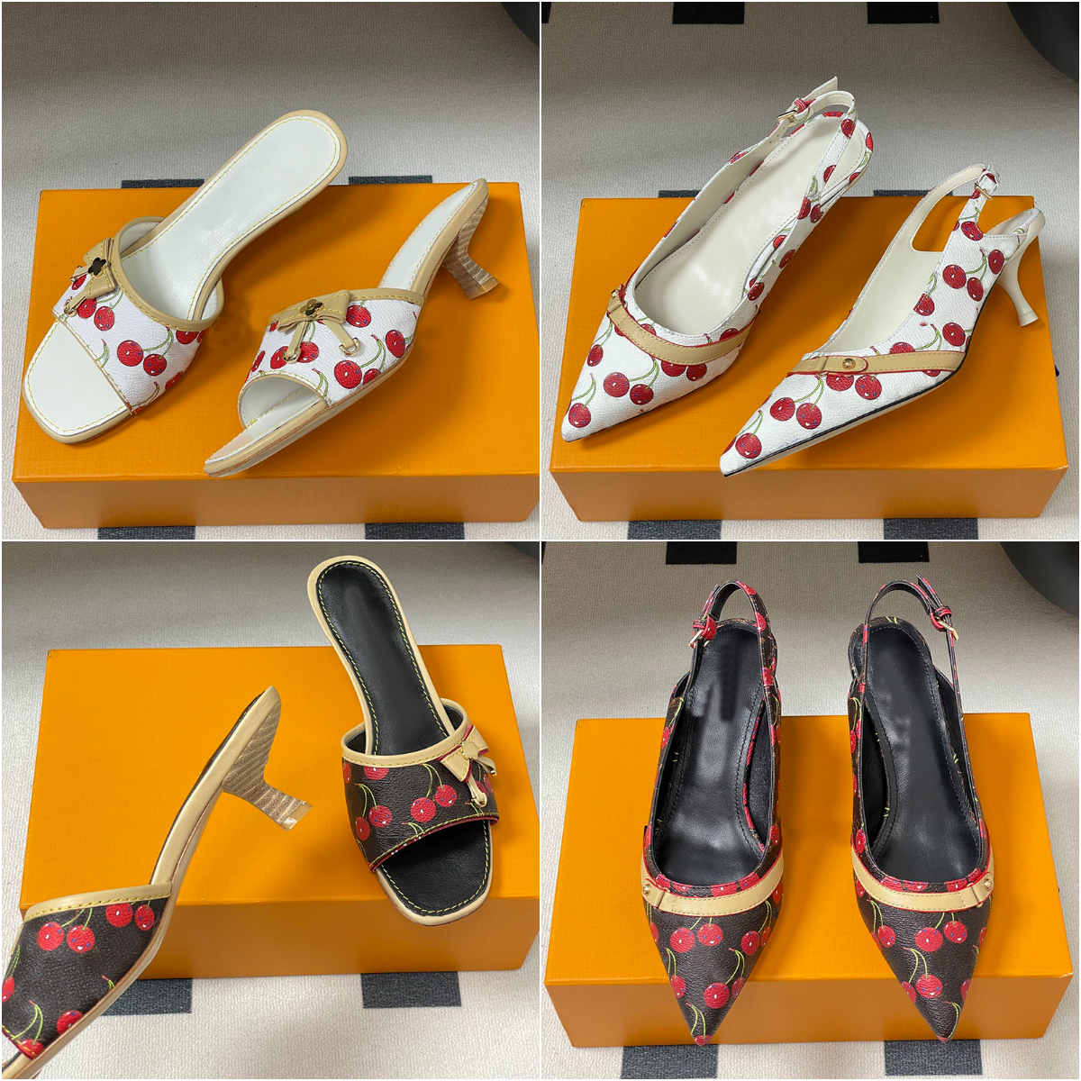 Cherry blossom designer heels sandals women kitten heels designer mules slides slippers heels slingbacks pumps luxury heels pointed toes woman summer shoes 35-41
