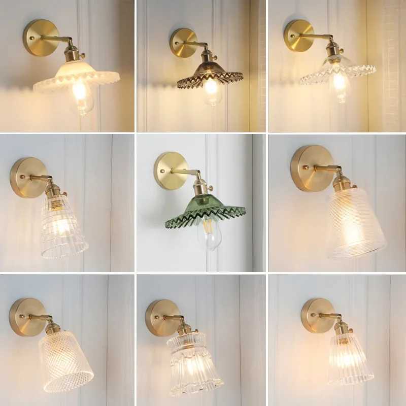Nordic Japanese Brass Wall Lamp Bedroom Bedside Lamp Bathroom Cloakroom Background Wall Mirror Front Creative Glass Wall LampXJ250526