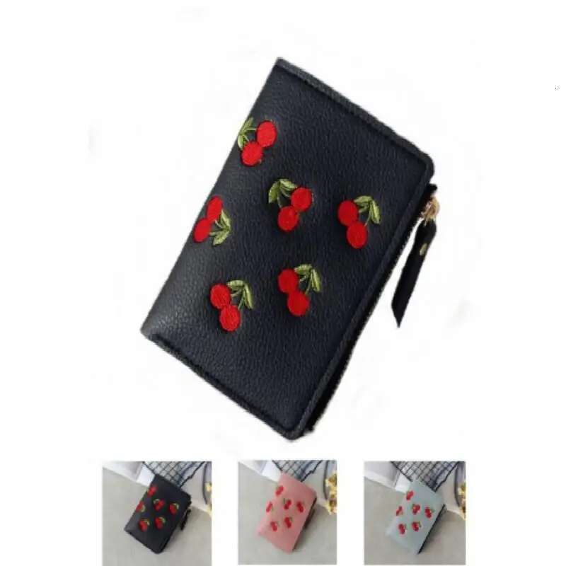 Women Vertical Buckle Cherry Embroidered Small Short Simple Wallet Girls Zipper Purse