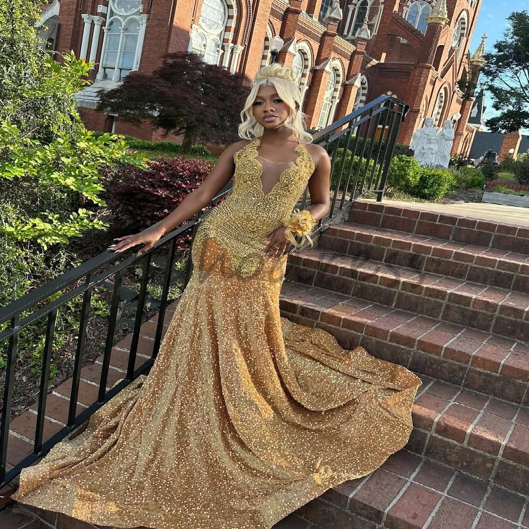Luxury Gold Rhinestone Prom Dress Full Sequin Black Girls Mermaid Evening Dress 2025 African Formal Occasion Bespok Birthday Dress Vestio De Noche