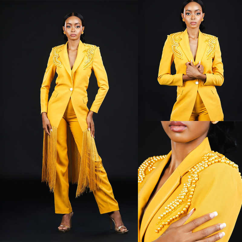 Gold Pearls Beading Women Pants Suits 2 Pieces Crystal Ladies Wear Blazer Prom Birthday Party Customized Jacket Sets