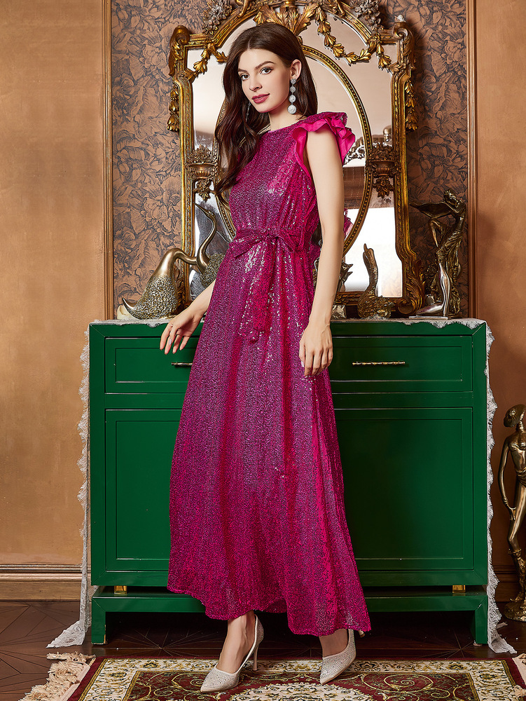 Womens sequined dress sleeveless waistband round neck mid skirt sexy dress party autumn and winter new item