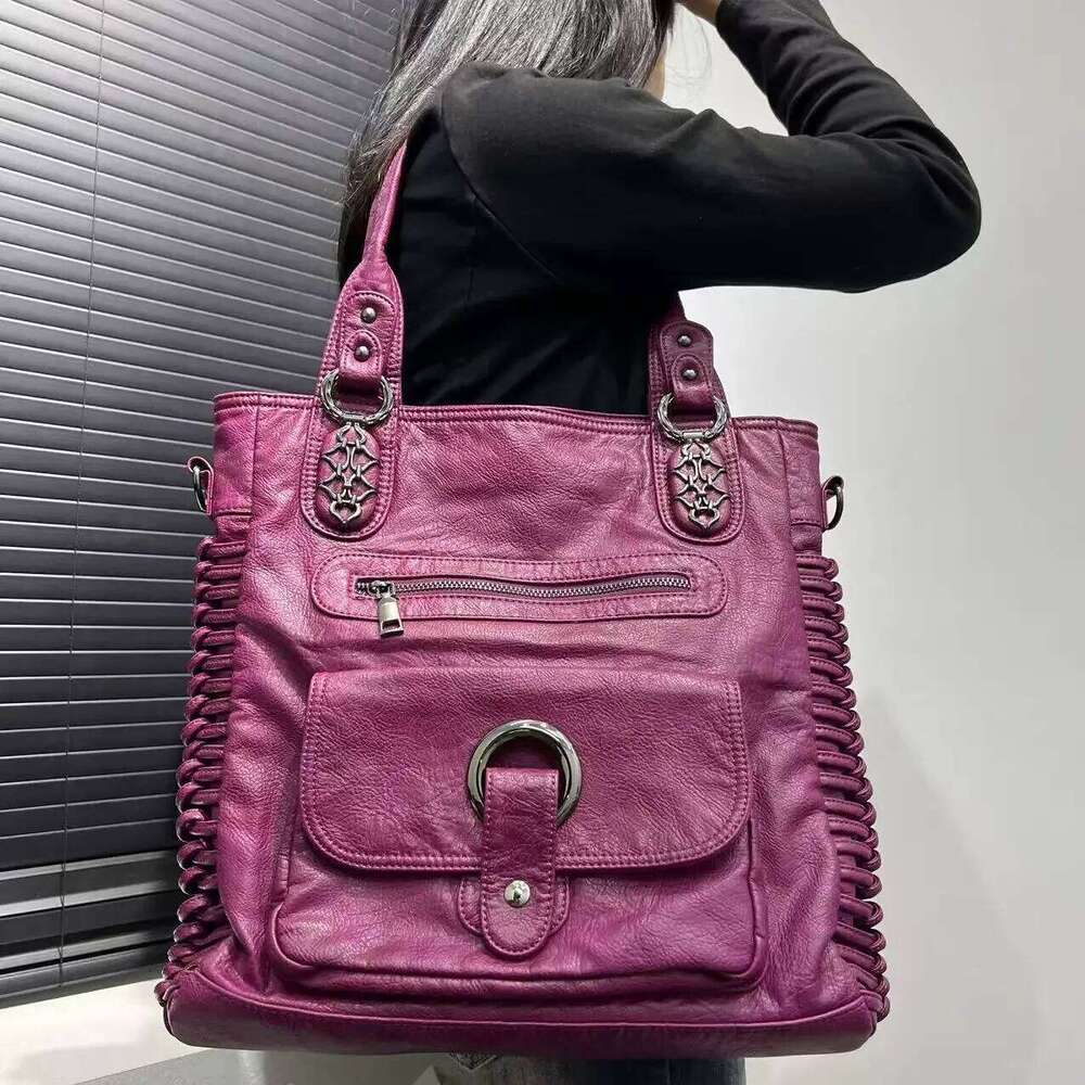 Women's Bags Designer Ladies' Fashion Street Y2k Hot Girl Washed Used Motorcycle Bag Large Capacity Retro Single Shoulder Handbag