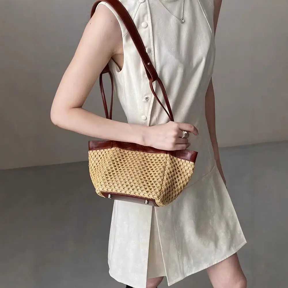 Fashion Hollow Basket Bag Faux Rattan Woven Women Handbags Luxury Pu Leather Shoulder Crossbody Bags Summer Beach Small Tote Bag W250524