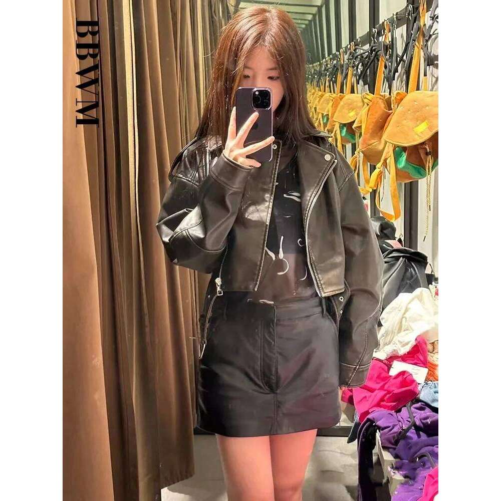 TRAF PU Retro Zipper Belt Motorcycle Street Women's Jacket 2023 Spring New Chic Short Long Sleeve Slim Fit Female Tops