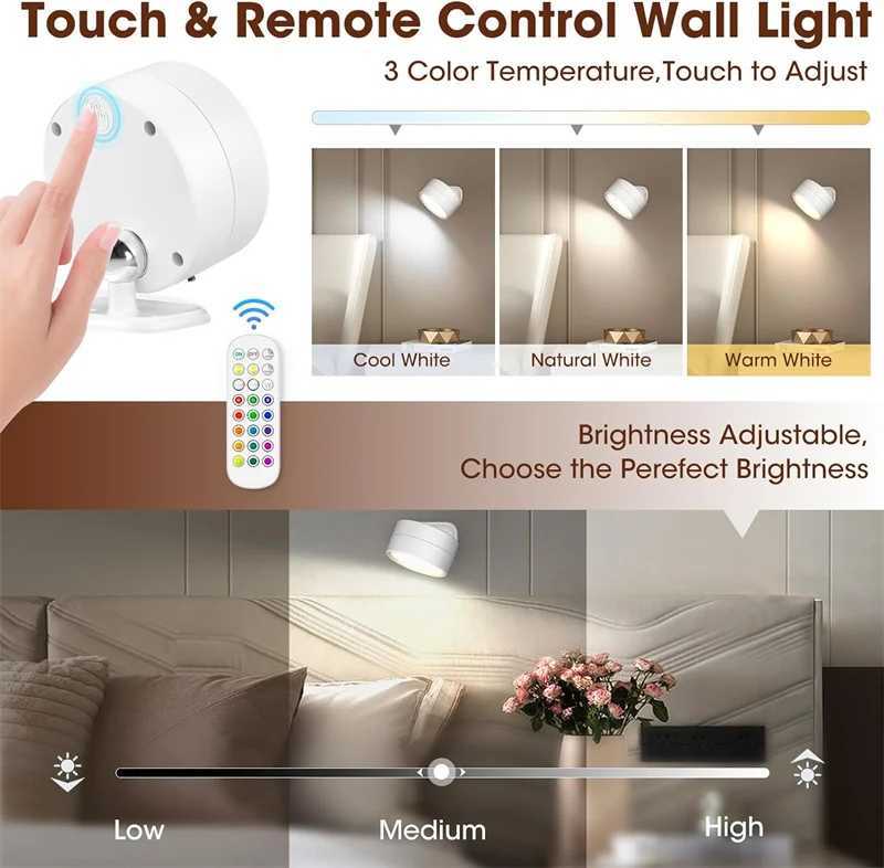 LED Wall Mounted Lights with Remote Wireless Magnetic Wall Sconces RGB Dimmable USB Rechargeable for Bedroom Bedside Night LightXJ250526