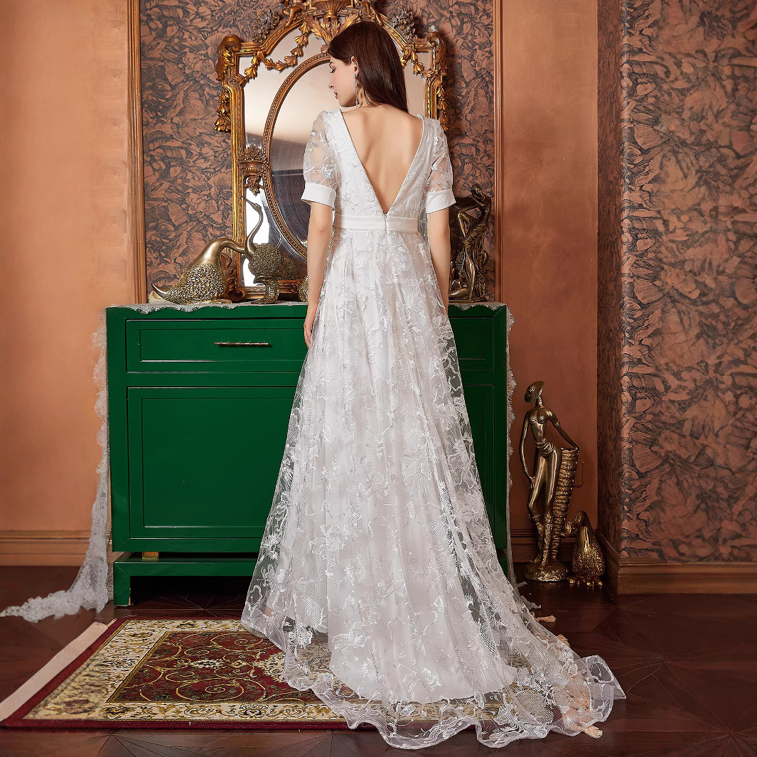 Womens new trailing lace wedding dress bridal gown banquet party V-neck trailing gown