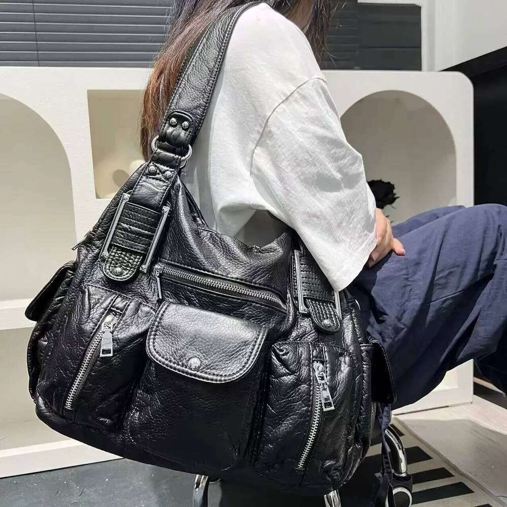 Women's Bags Designer Women's Fashion Y2k Hot Girl Distressed Tote Multi-Pocket Washed Vegan Leather Shoulder Bag