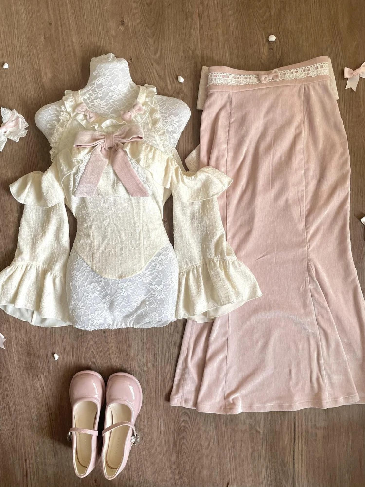 Sweet Fashion Skirts Suit Women Lace Bow Off-the-Shoulder Top High Waist Skirts Japanese Slim Kawaii Y2k 2 Piece Sets 250523