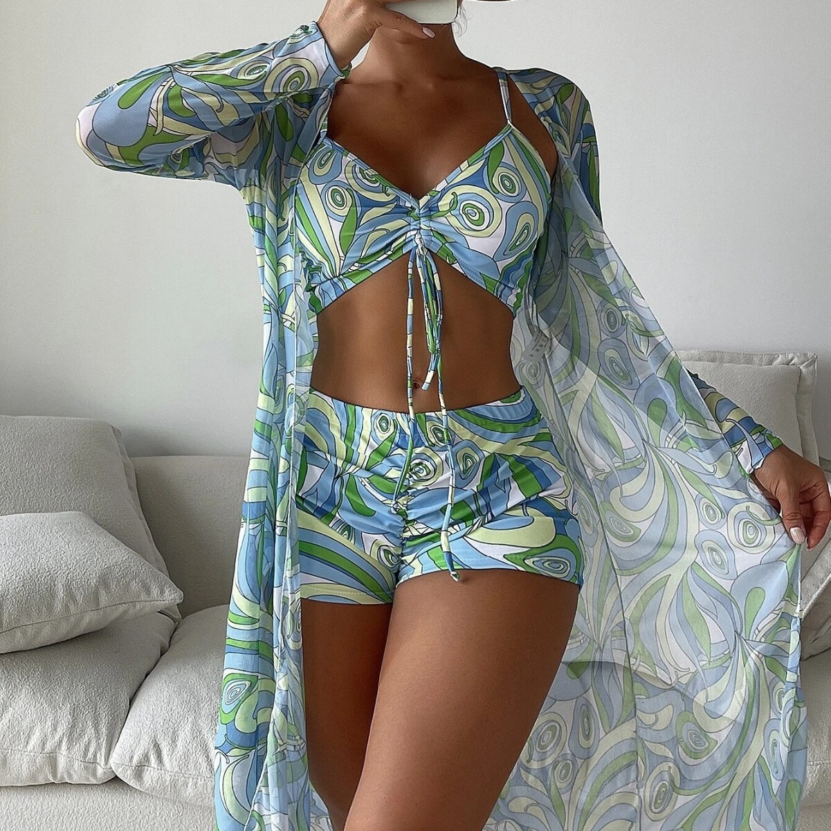 Outdoor Fashion Fashion Sexy Free Shipping 2025 New Designer Swimwear Women's Split Three Piece High Waist Long Sleeve Hoodie Internet Red Drawst