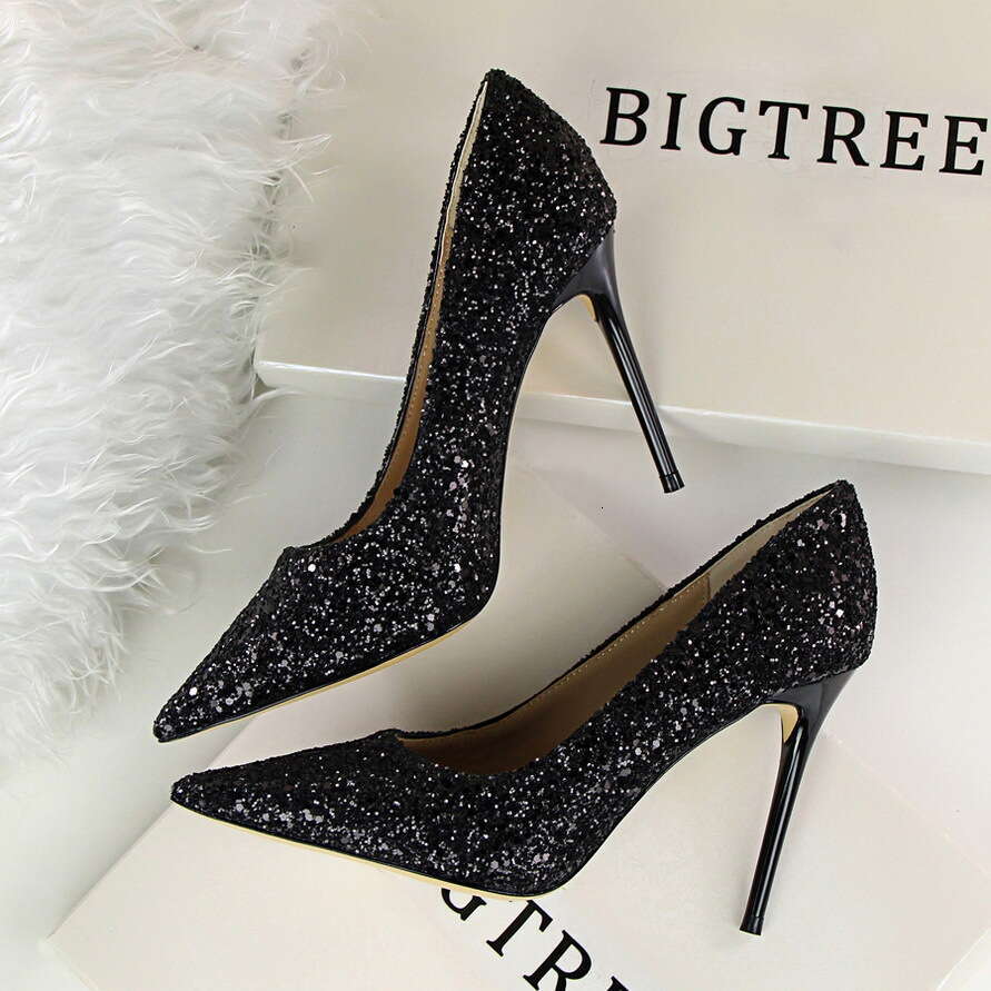Women's shallow mouth pointed glitter sexy slim fit high heels, fashionable women's high heels, banquet high heels, women's sandals