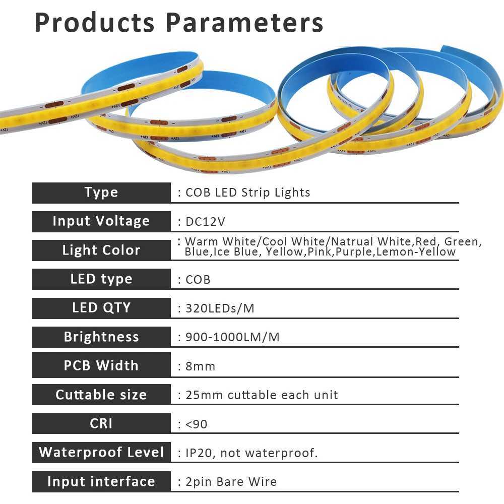 12V COB LED Strip Light 320LEDs/m High Density RA90 Warm Nature Cool White Red Ice Blue Yellow Pink Flexible Ribbon Linear Light W250526