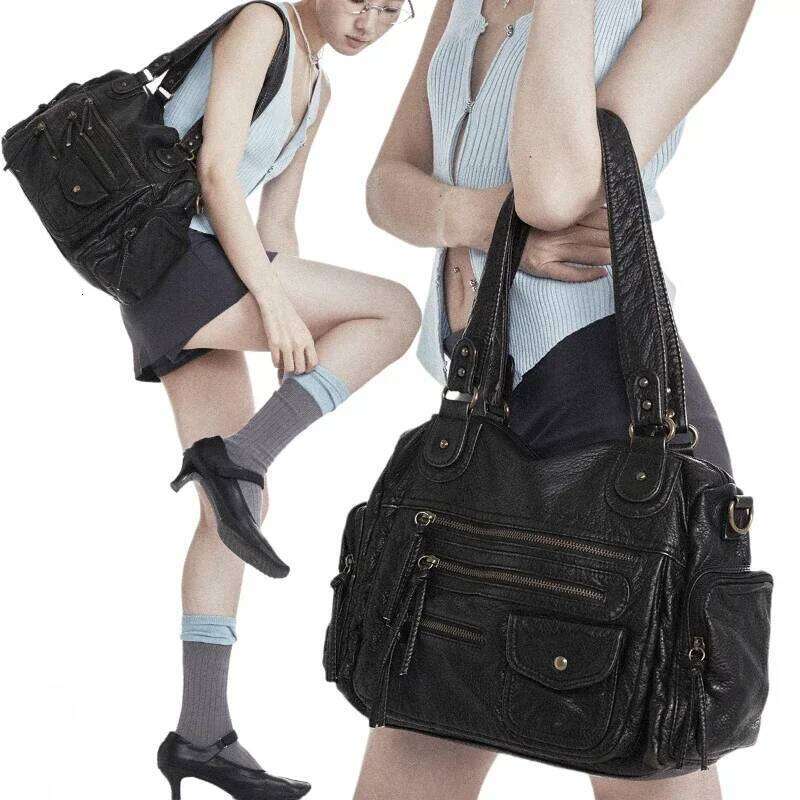 Women's Bags Designer Women's Fashion Retro Y2k Hot Girl Motorcycle Large Capacity Washed Distressed Shoulder Messenger Bag