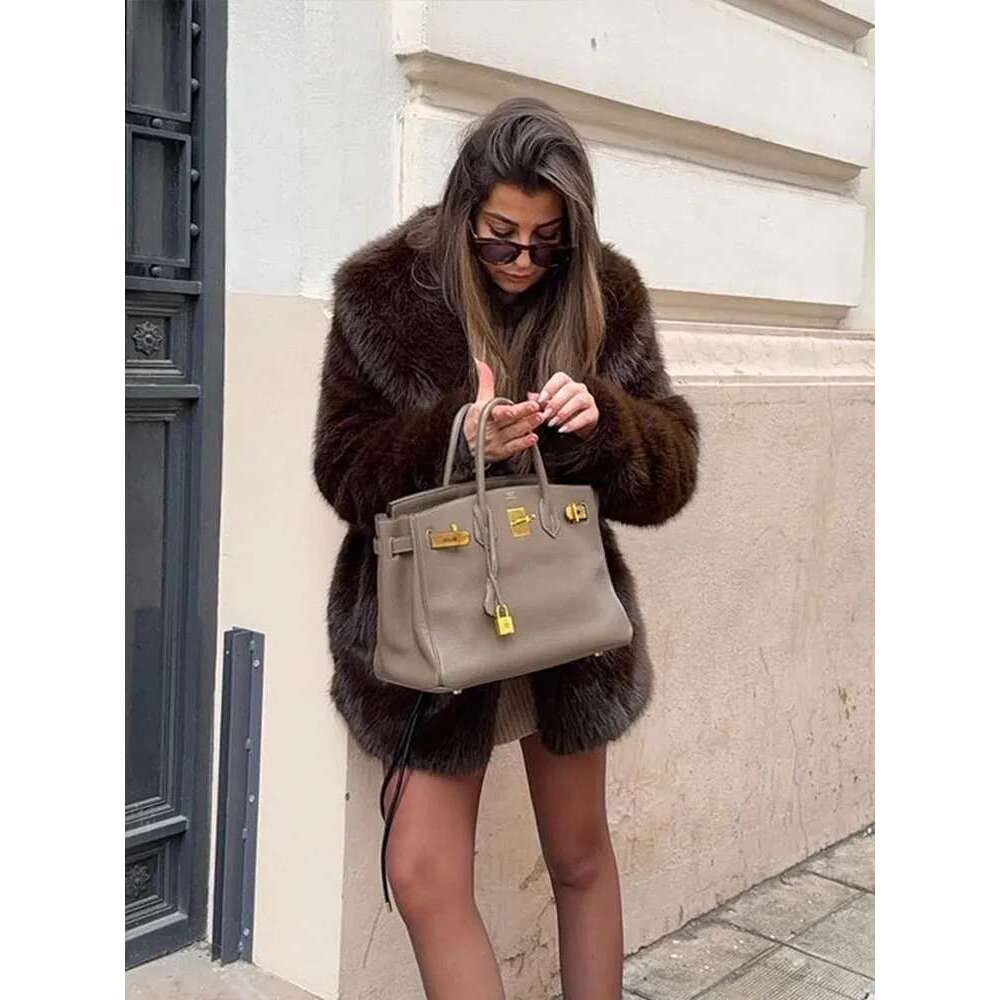 Vintage Fluffy Women's Faux Fur Coats Belt Lapel Full Sleeve Pocket Jacket 2025 Early Spring Warm Thicken Lady Outwear