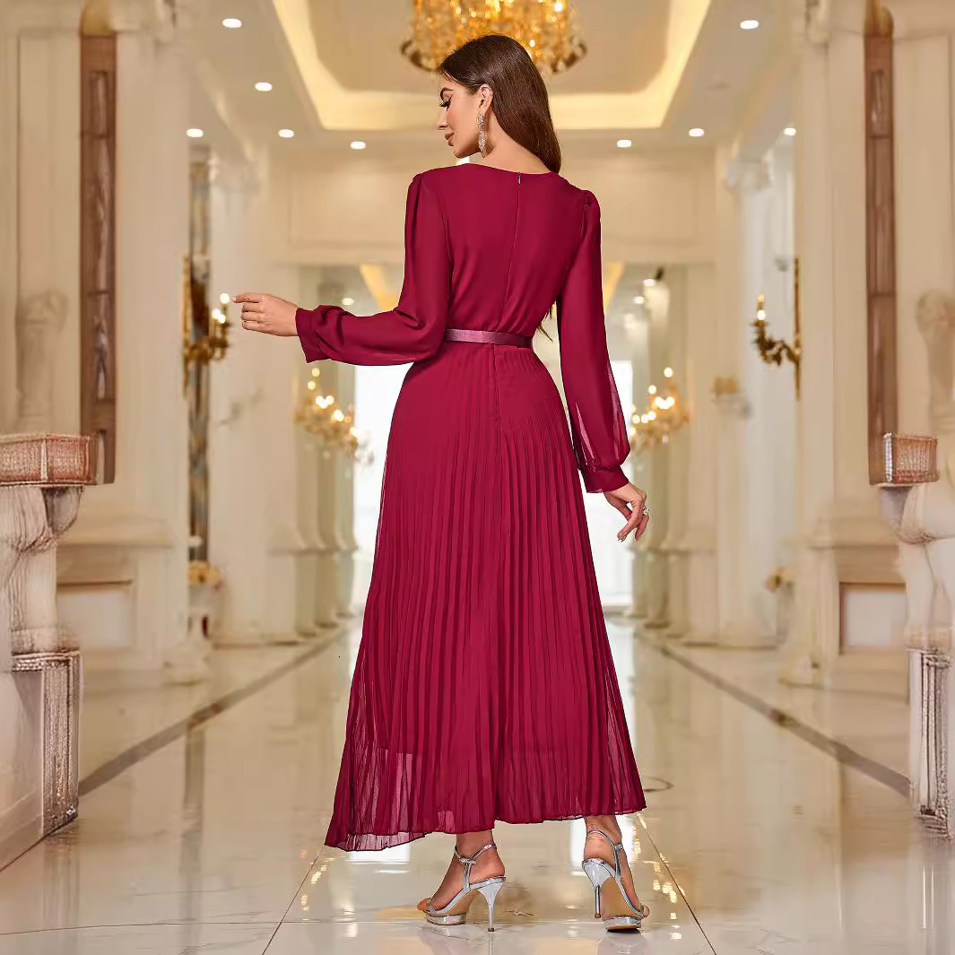 Autumn and winter new dress sexy long sleeved pleated belt ball dress long skirt