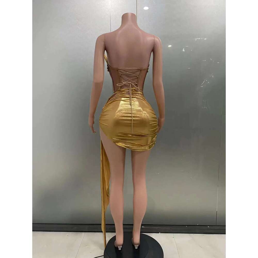 STOCK Sier Glod Color Women Sexy Shinning Crystal 2 Pieces Bodycon Mini Dress Christmas Style Celebrate Bar Singer Stage Wear