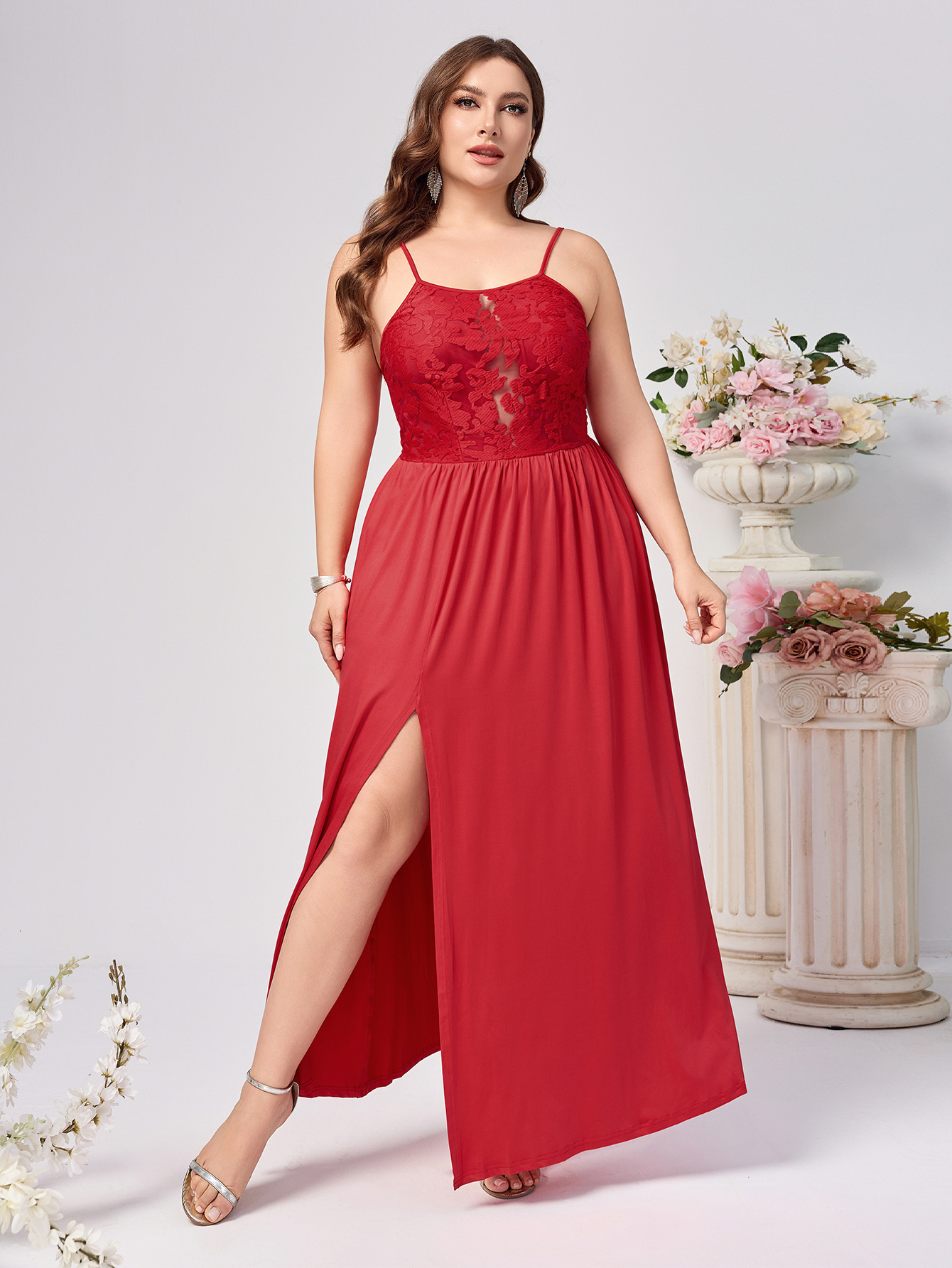 Solid color red sexy dress long skirt dress womens evening dress