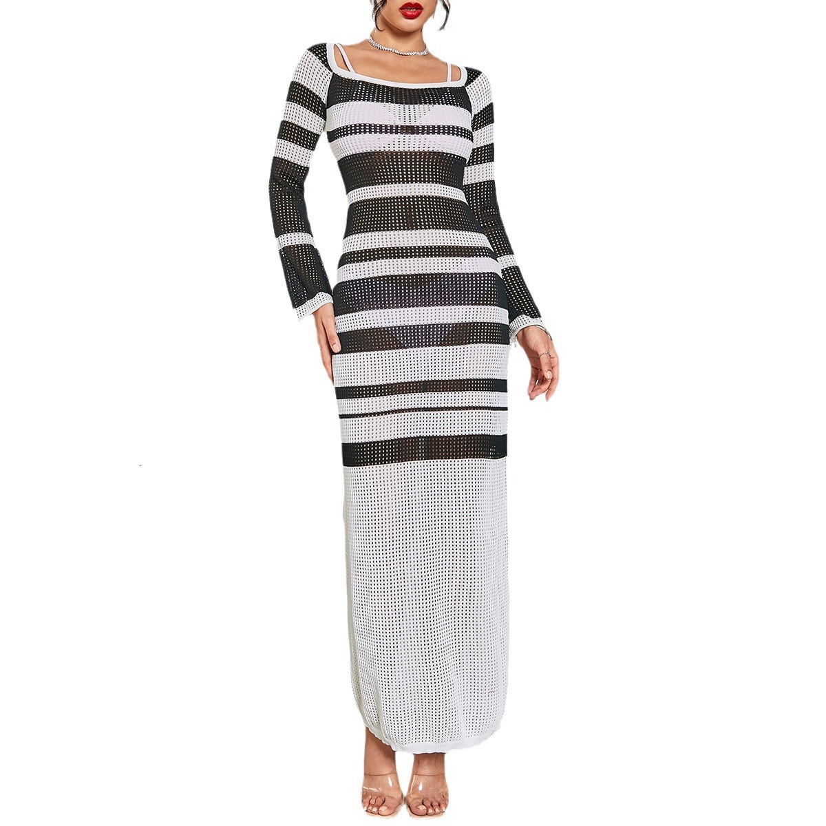 Summer new sexy mesh contrasting sexy dress long skirt
