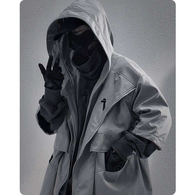 Unisex High Street Spring Functional Academy Style Mid Sleeved Trench Coat Casual Hooded Length Jacket Men'S clothing