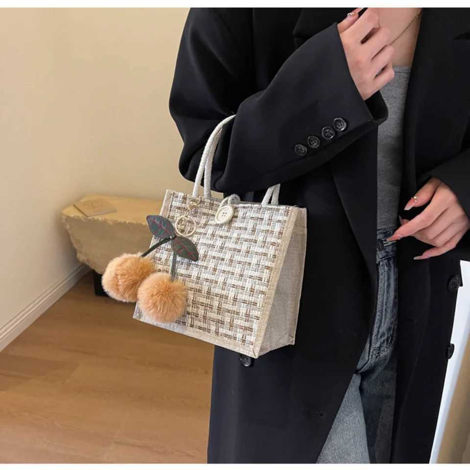 Retro Braided Pattern Jute Tote Bag Large Capacity Grocery Bag Women Handbag Beach Organizer Portable Shopping Bag Lunch Bag W250524