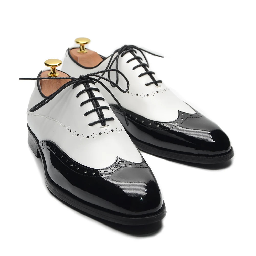 Formal Oxfords Shoes for Men White Black Real Cow Patent Leather Business Lace-up Wingtip Toe Brogue Wedding Mens Dress Shoes 250526