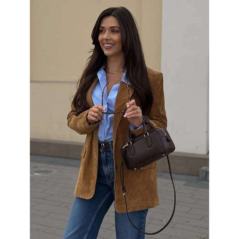 Vintage Suede Blazer Jacket Women Loose Lapel Long Sleeve Single Breasted Jackets 2025 Spring Lady Fashion High Street Coats New