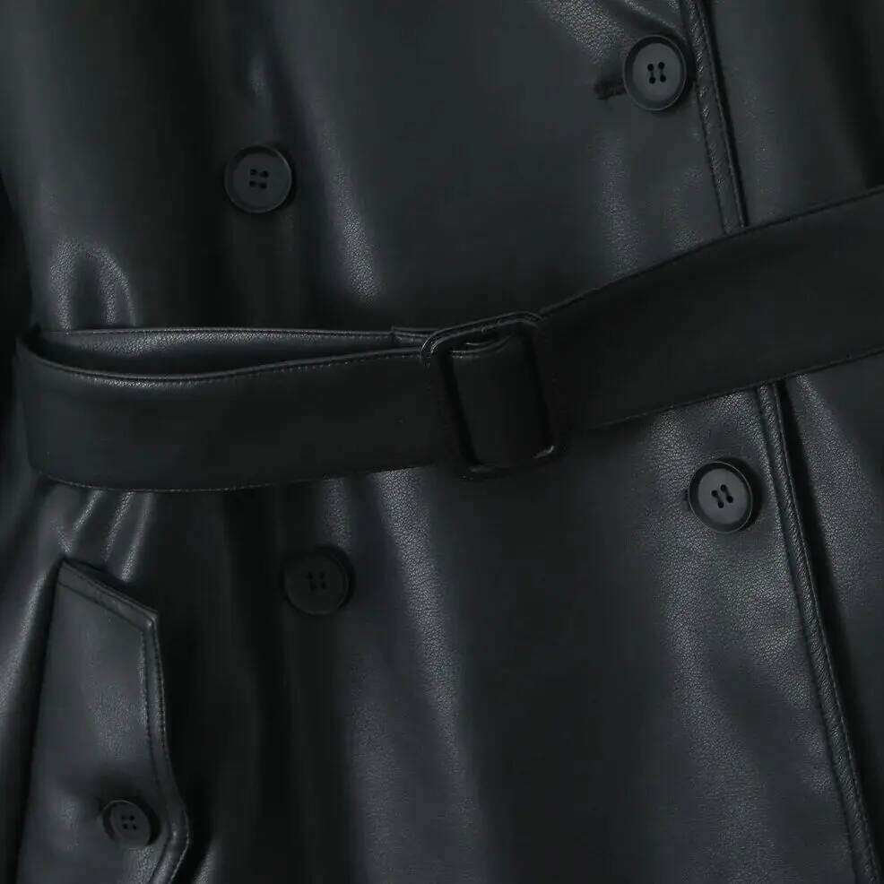 2024 American Retro COOL Women Lapel PU Leather Trench Black Tie Bow Sashe Bat Sleeve Windbreaker Midi Long Coat Loose Outerwear