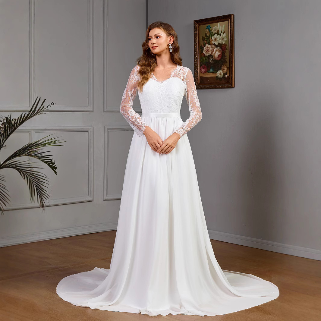 New Womens Sexy Lace Long Sleeve Wedding Dress with Chest Cotton Pendant Dress in White