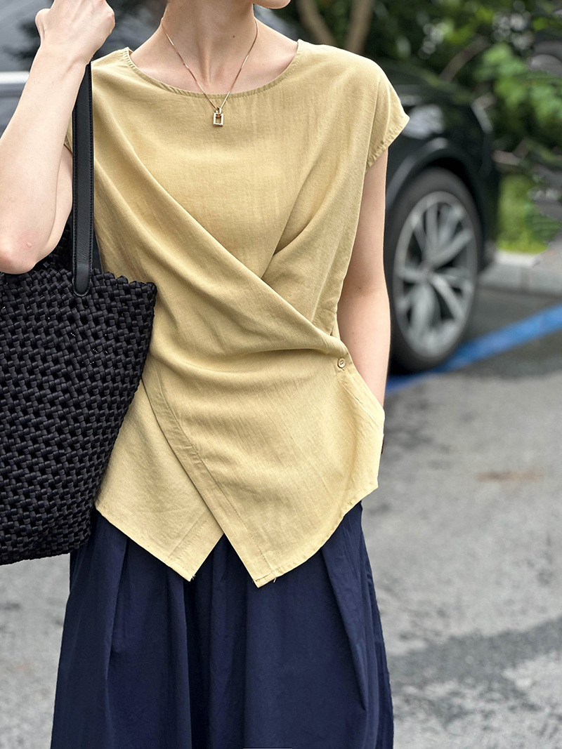 KC55 Summer Tops Casual Chic Irregular Short Sleeve Cross Vest Linen Shirt